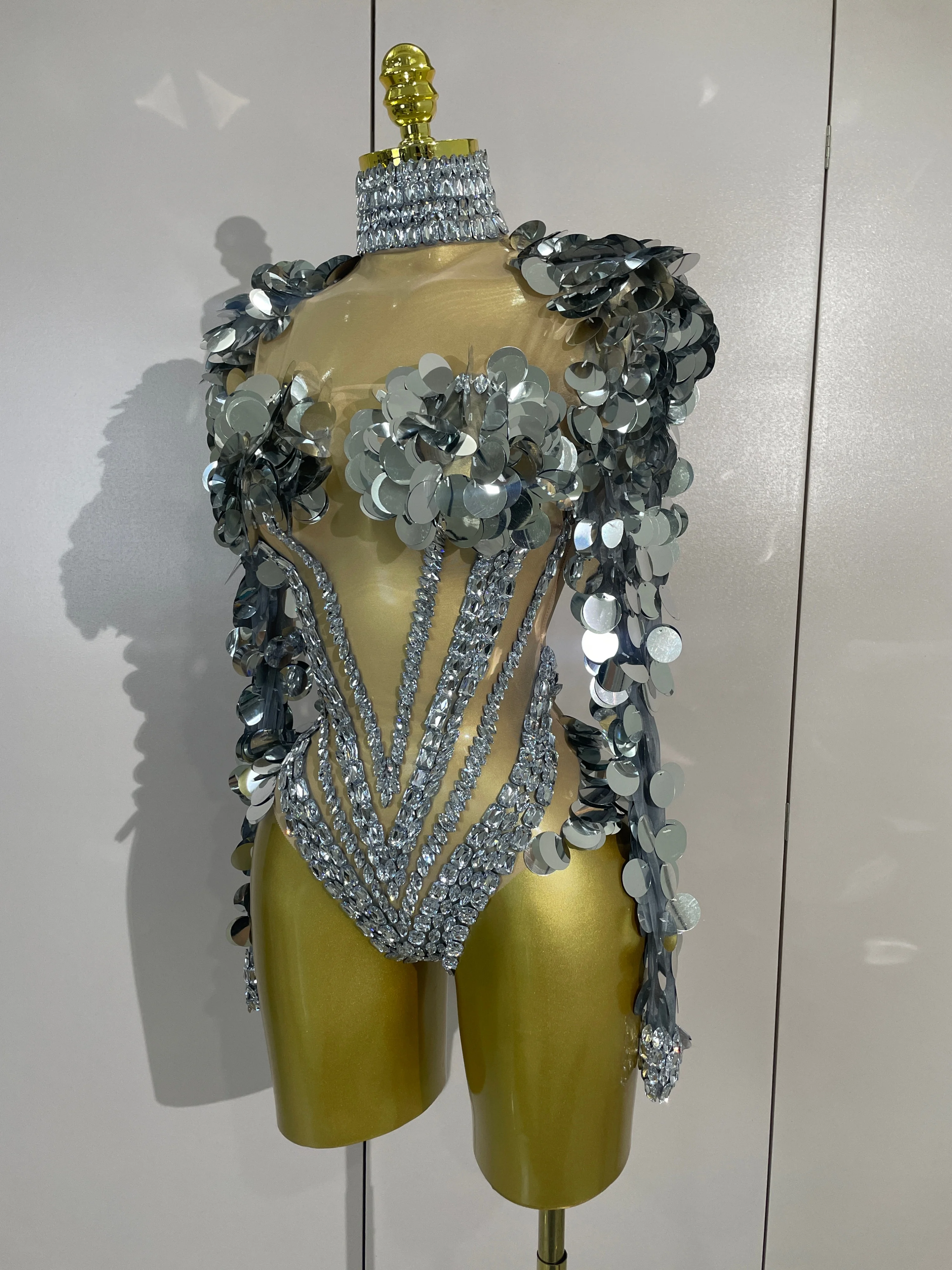 Sexy Sparkly Silver Rhinestones Sequins Mesh Stretch Bodysuit Eveing Birthday Party Nightclub Bar Singer Dancer DJ Stage Costume