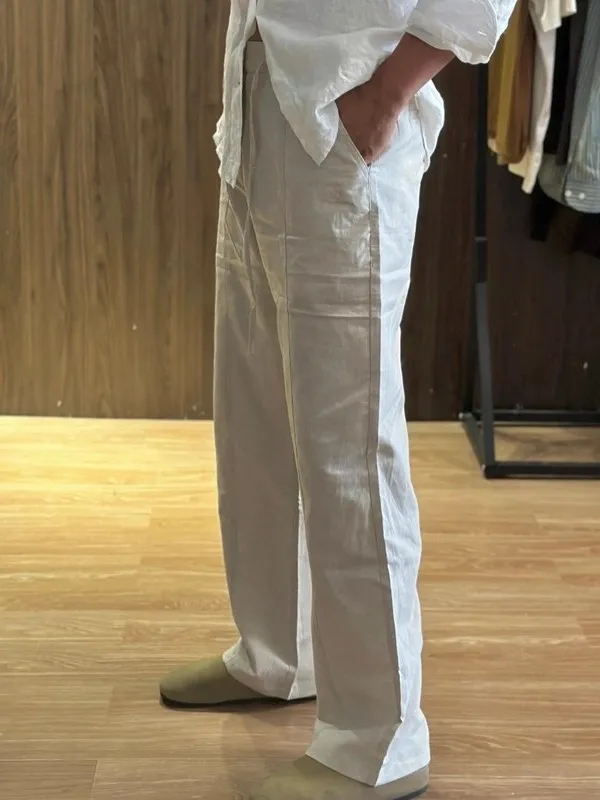 

New 2025 Men's Casual Pants Loose Wide Leg Linen Trousers mid Waist Zipper Straight Tube Summer Long Trousers Comfortable Sle