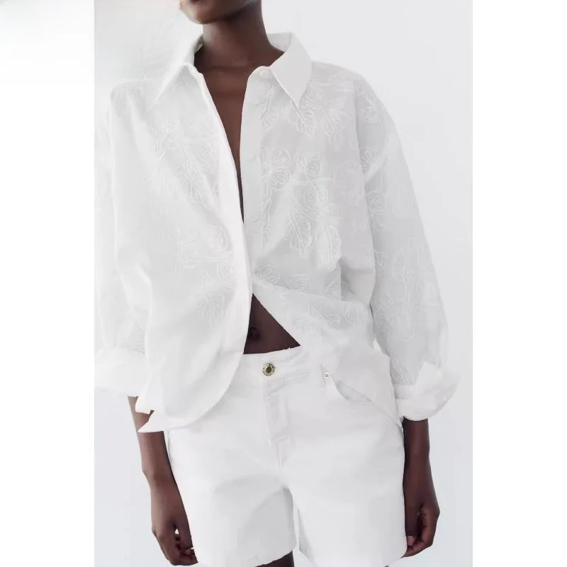 Nouvel été 2024 femmes banlieue Sle brodé fleur longue col Sve irt coupe ample longueur régulière couleur Pure