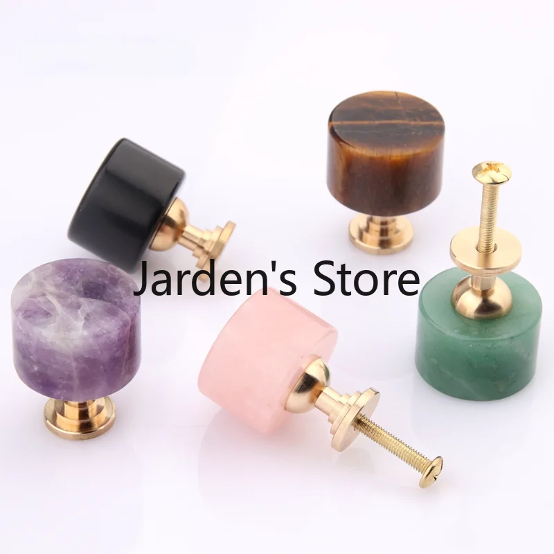 Natural Stone Amethyst Tiger Eye Cylinder Crystal Reiki Brass Handle Luxury Drawer Kitchen Cupboard Closet Door Knobs Furniture