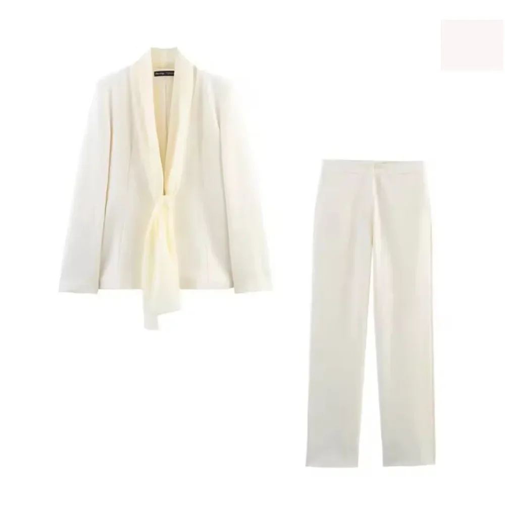 

Autumn Jacket and Straight Pant Female Chic Lady Casual Pant Set Women Solid 2 Pieces trousers Sets Scarf Collar Office Suit