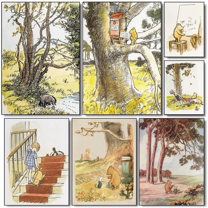 

Ретро милый плюшевый мишка и его друг серии плакат с принтом холст картины для дома для детской комнаты Настенный декор безрамный Painti