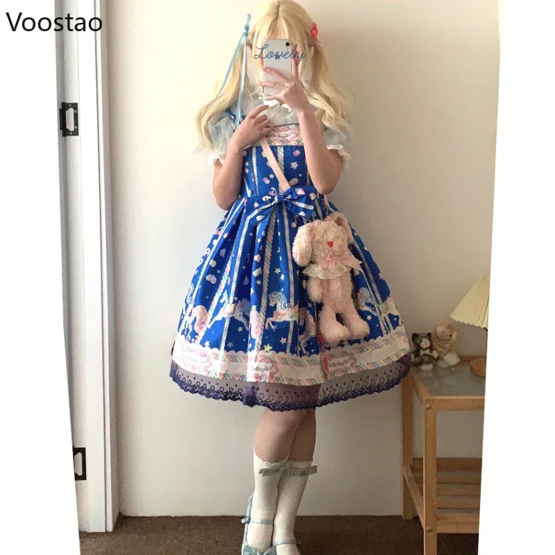 Japanese Sweet Lolita Jsk Dress Women Vintage Cute Sugar Horse Print Bow Party Dresses Girls Kawaii Blue Sleeveless Mini Dress