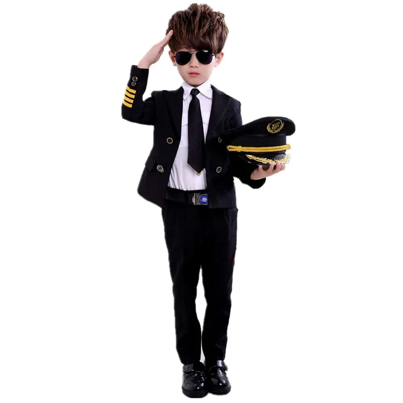 Children\'s Day Pilot Uniform Stewardess Cosplay Halloween Costumes for Kids Disguise Girl Boy Captain Aircraft Fancy Clothing