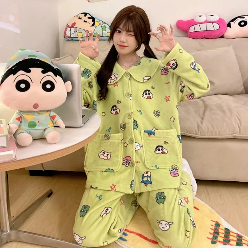 

Одежда для сна с рисунком аниме Шин Чан, осенне-зимняя плотная теплая домашняя одежда с бархатом, милый новогодний подарок