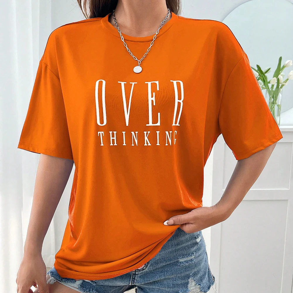 Over Thinking Letter Print Women Cotton Short Sleeve Breathable Vintage O-Neck Tops All-math Casual T-Shirts Female Tee Clothing