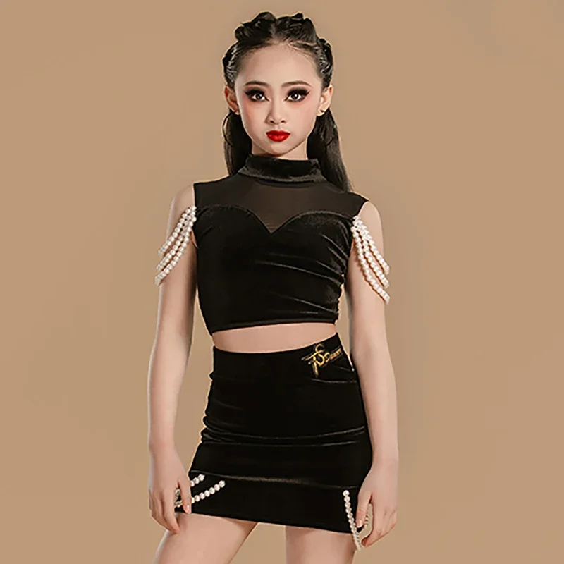 أطفال بنات اللاتينية ملابس رقص لؤلؤة شبكة الظهر زيبر الأعلى والتنانير قطعتين الدعاوى الأطفال قاعة الرقص مجموعة التدريب