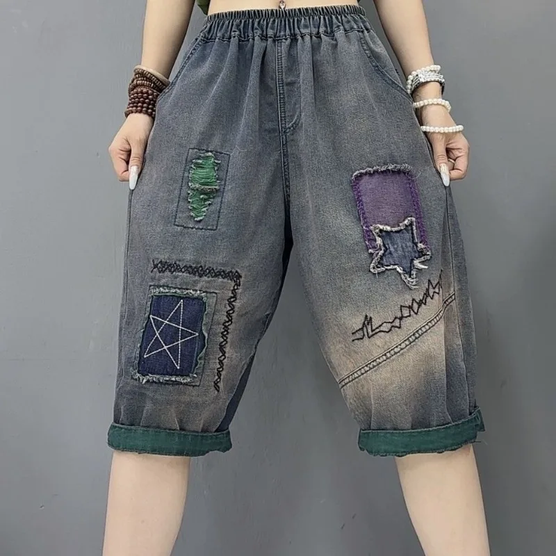 

Embroidered Denim Loose Vintage Summer Harem Shorts for Women