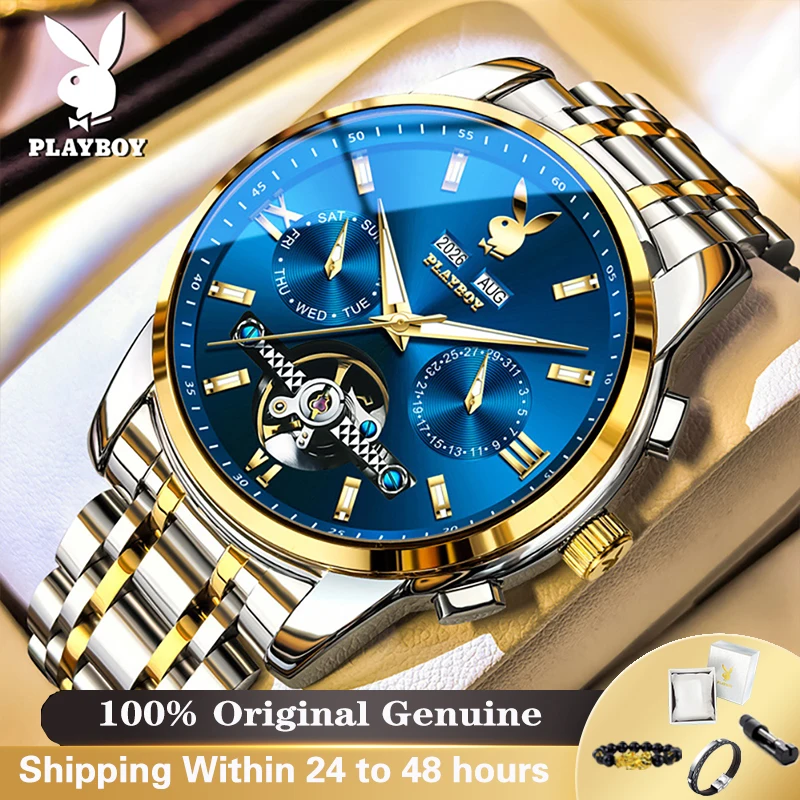 PLAYBOY 3140 Luxury Men's Watch Flywheel Mechanical Wristwatch Waterproof Business Casual Perpetual Calendar Male Watches Gifts