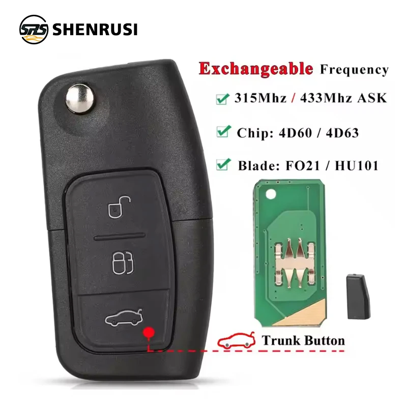 

SHENRUSI 315/433 МГц 4D63 4D60 Автомобильный дистанционный ключ для Ford Fusion Focus Mondeo Fiesta Galaxy HU101 FO21 Blade Автомобильные раскладные ключи