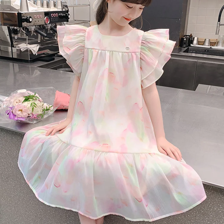 Meninas saias 2024 verão novas crianças usar menina bebê fantasia doce babados rendas manga voadora chiffon vestido de princesa casual diário