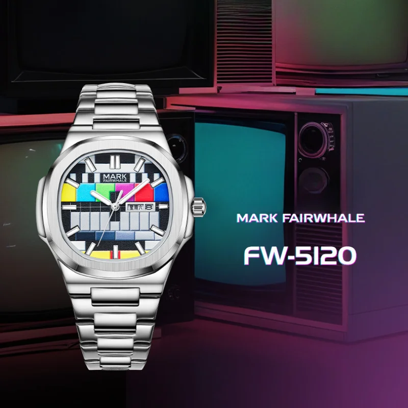 Mark Fairwhale 5210 New Retro TV Watch Men Stainless Steel Trend Luminous Week Calendar Waterproof Quartz Watches for Men Reloj