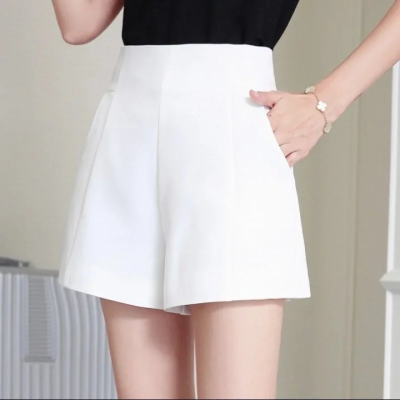 Women Shorts Spring Summer Casual High Waist A-line Shorts 2024 Loose Wide Leg Chiffon Short Chic Lady Black White Suit Shorts