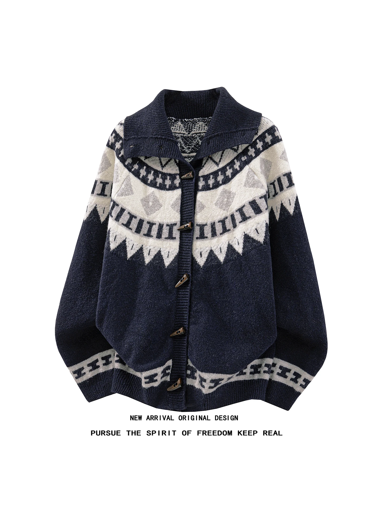 American Style Loose Men's Knitted Sweater Cardigan with Horn Buttons Stand Collar Autumn Winter Warm Geometric Patterned Coat