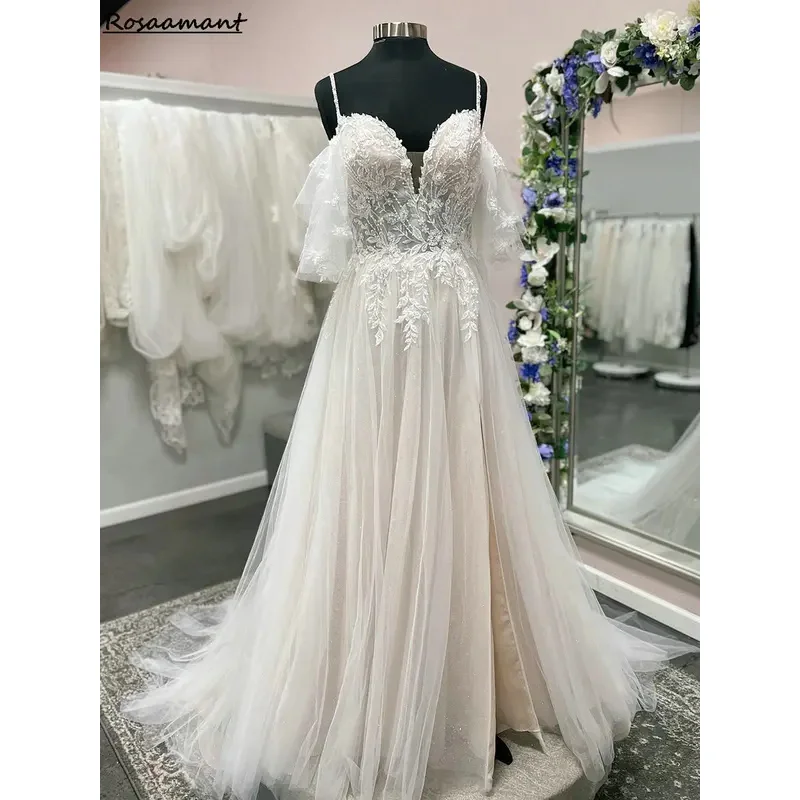 

Элегантные иллюзорные аппликации, кружевные свадебные платья трапециевидной формы, свадебные платья на тонких бретельках с короткими рукавами в стиле кантри