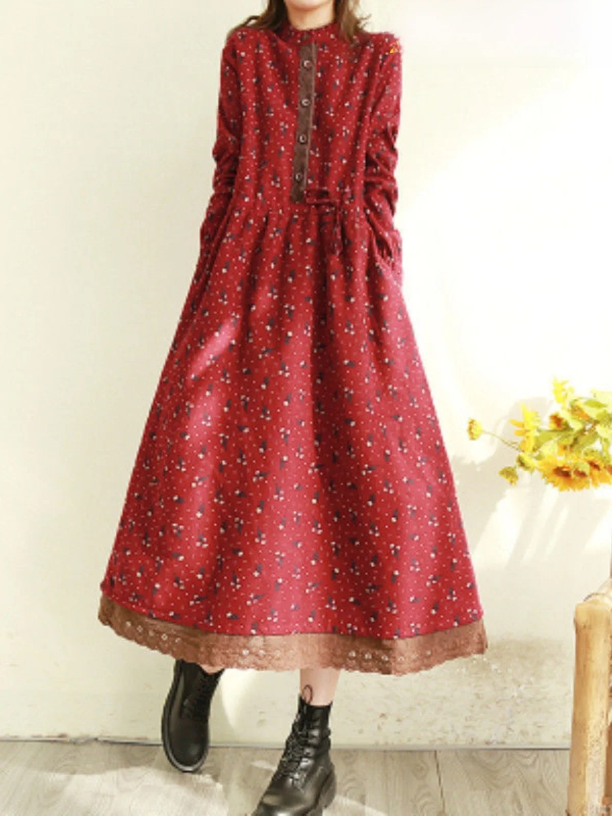 Rétro coton lin longue Sve imprimé fleuri Dr taille cintrée sur le genou longueur printemps automne saison une ligne jupe bouton unique