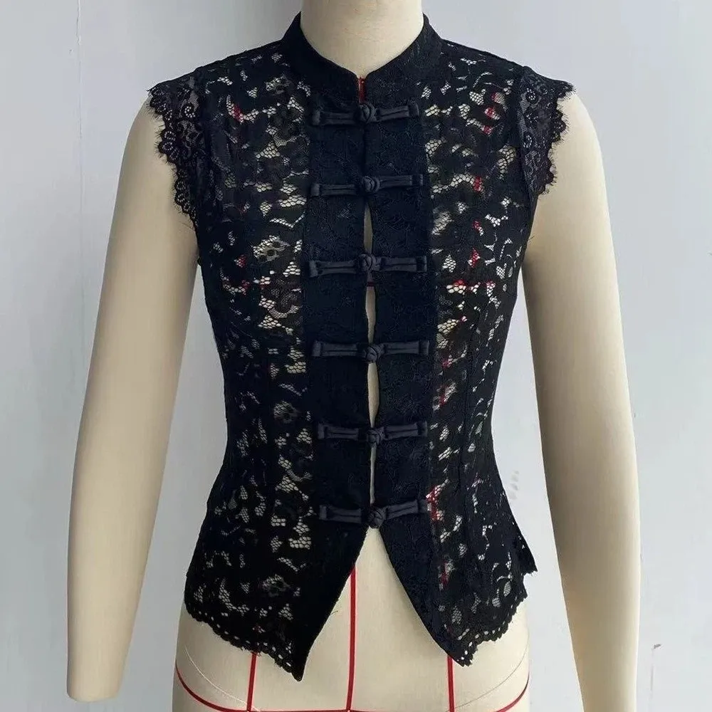 Tanktop Slim Fit Spitzen-Crop-Top Stehkragen Ausgeschnittenes Ärmelloses Top mit Froschknöpfen Sommer Y2K Mädchen-Oberteil Streetwear – Detail 2