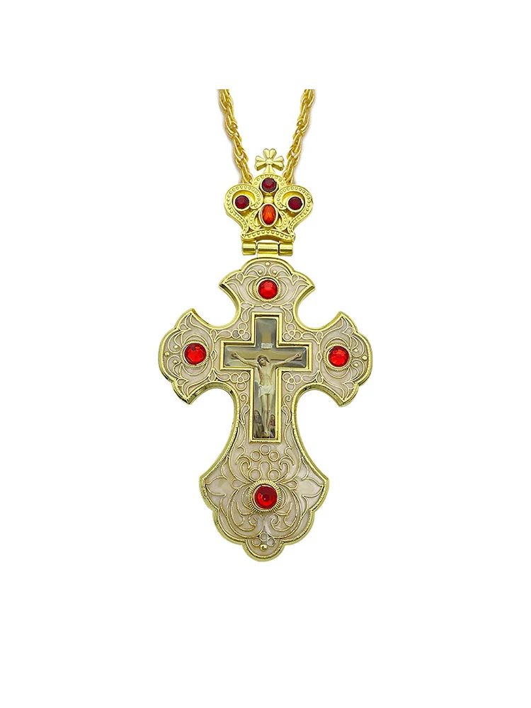 Neue 2026 Luxus-Emaille-Orthodoxe-Kreuz-Halskette mit rotem Kristall & vergoldetem Kruzifix-Ikonen-Schmuck für Priester, Liturgie & Sakramente – Detail 2