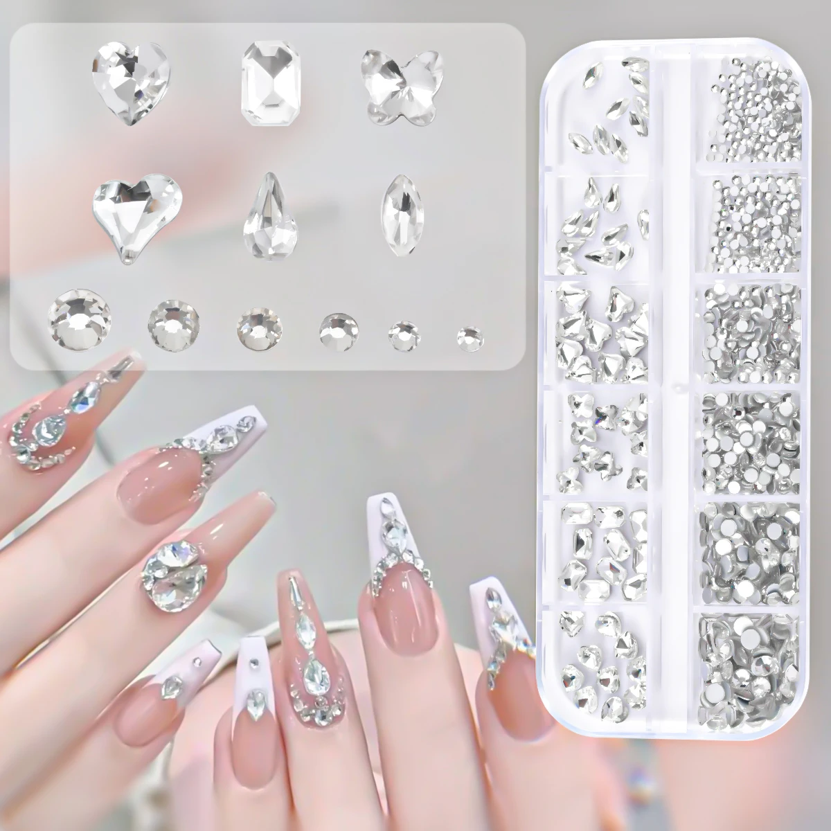 مجموعة من مثقاب الأظافر من حجر الراين ، 12 صندوق شبكي ، شفاف ، مسطح ، فراشة ، قلب ، قطرة #2