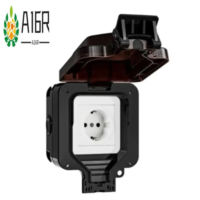 

A16R-IP66 Waterproof Socket 220V Black Wall Plug Power With Built-In Switch Electrical EU Home Appliance