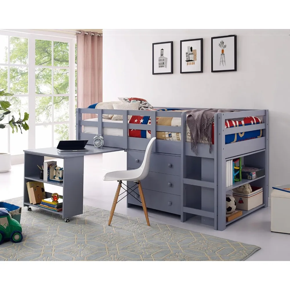 

Grey Twin Size Loft Bed with Desk, Bookcase Shelf, Cabinet Ladder, and Safety Guard Rails