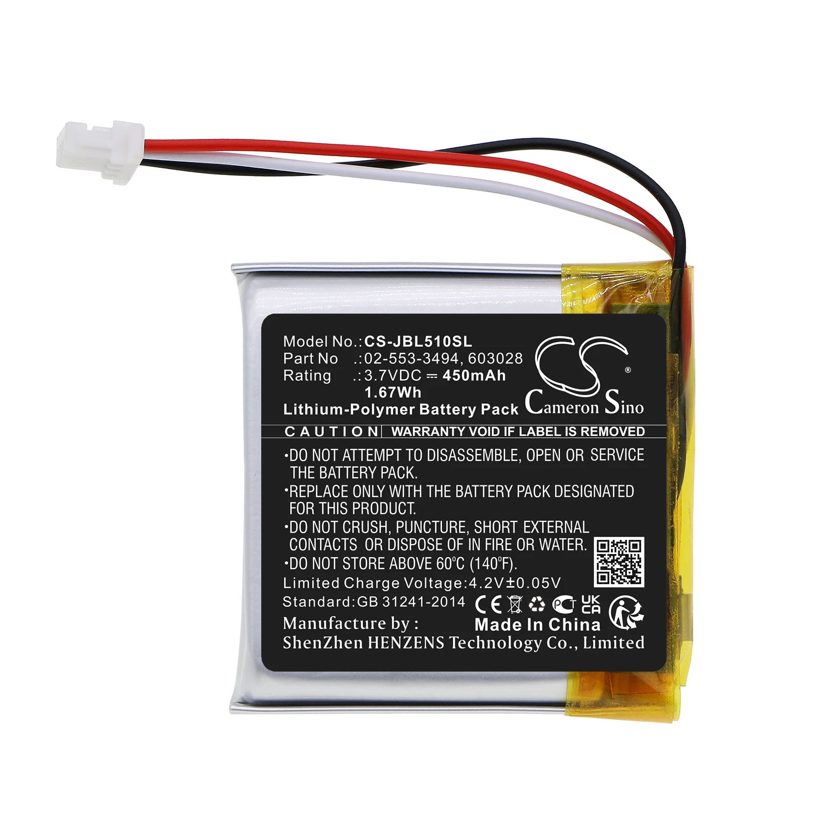 GreenBattery CameronSino  450mAh 3.7V 1.67Wh  Wireless Headset Li-Polymer Battery for JBL 02-553-3494,603028,523028,Tune 510BT