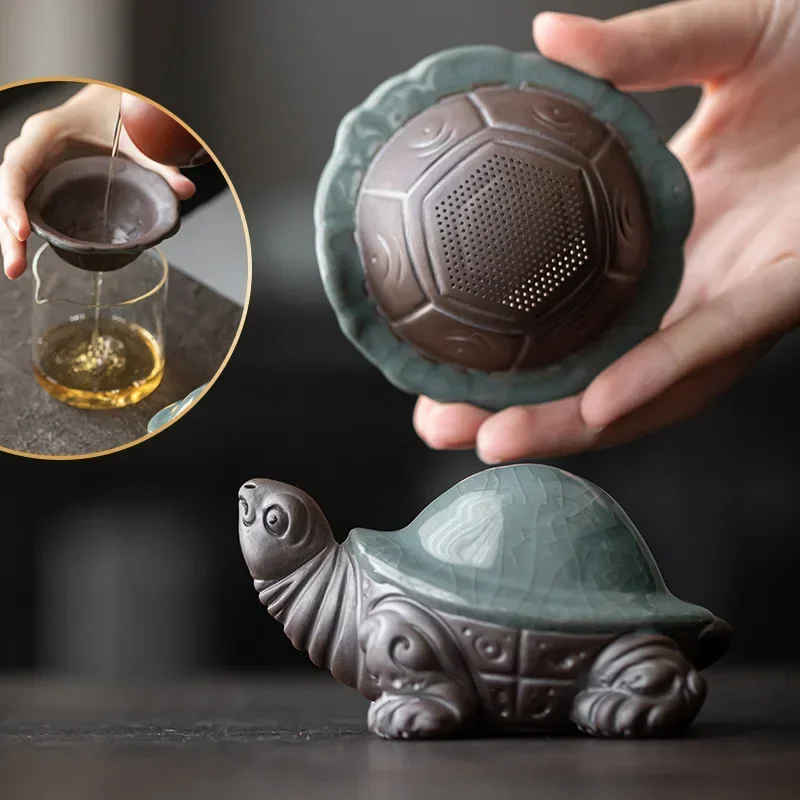 Kleine Schildkröte aus Keramik, Teeset, Filter, niedliche Tierfigur – handgefertigte Skulptur, Heimdekoration, Kung-Fu-Teeset-Zubehör