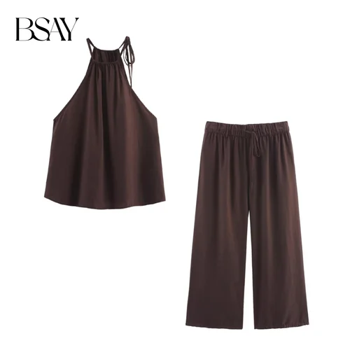 BSAY bufanda conjunto superior 2025 nuevo traje de lino corto con cuello en V cruzado chaleco o Qian Feng pantalones de pierna ancha de doble plisado de lino puro