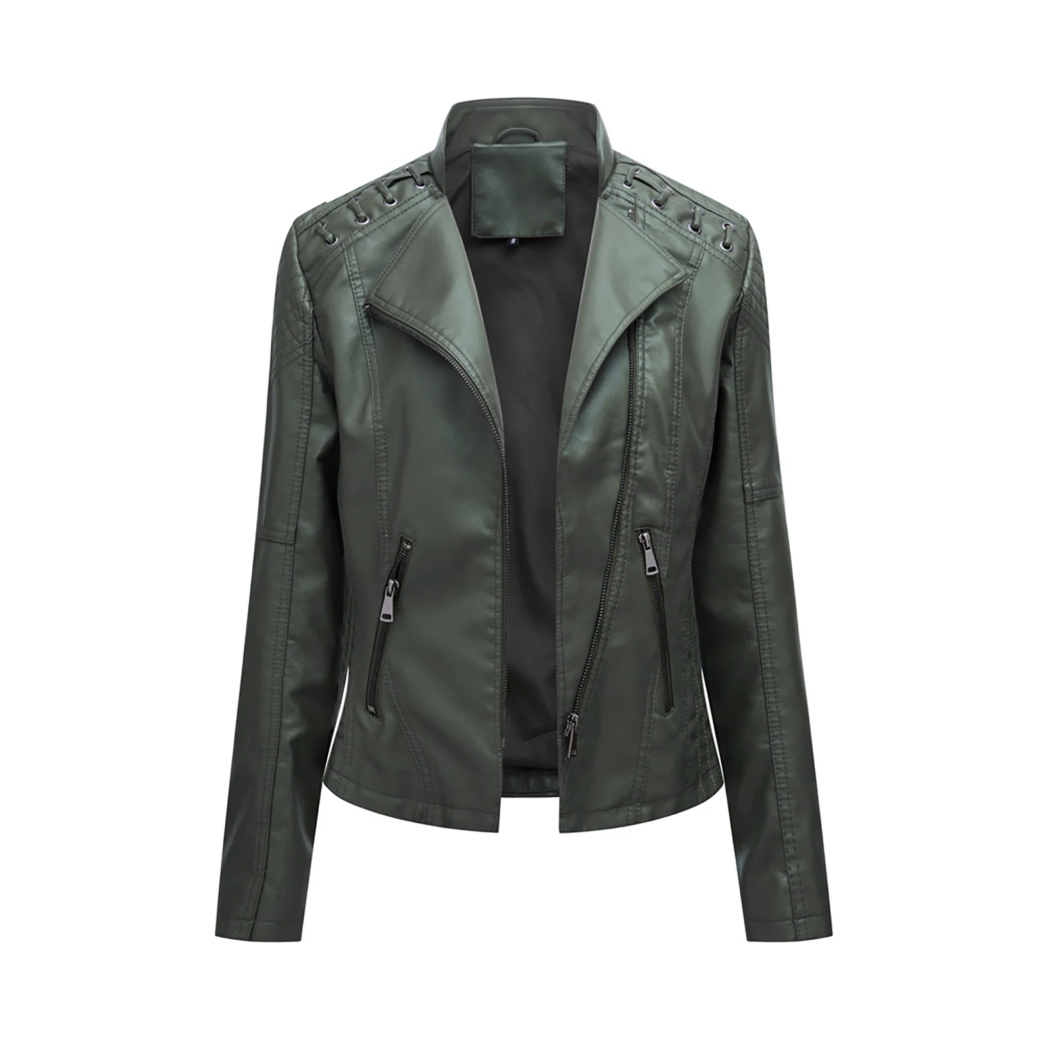 Women's String Quilted Shoulder PU Jacket Candy Color Asymmetric Oblique Zip Slim Moto Faux Leather Cropped Moto Biker Coat