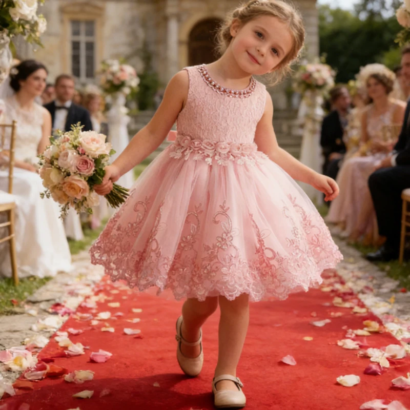 יילוד אלגנטי שושבינה שמלות Bow טבילת ילדים שמלת תחרה חתונה יום הולדת ערב מסיבת נסיכת בגדי 0-2 yrs