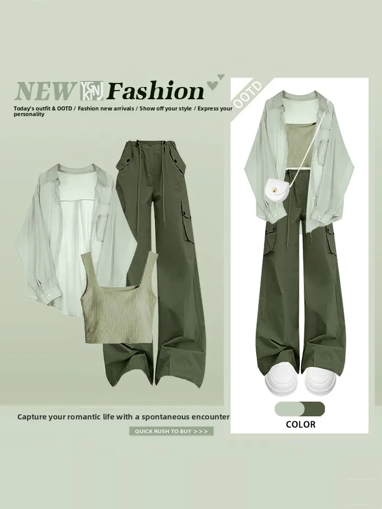 

Spring Summer Women's Sun Protection Shirt Set with Camisole Two-Piece Workwear Pants High Waist Long Sleeve Fashion Ensemble