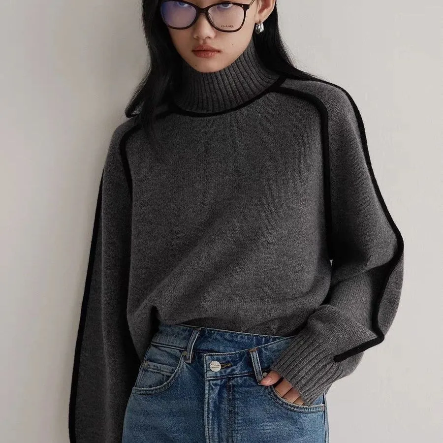 Thick Striped Sweater Loose Fit Graceful Elegant with Striped Pattern Autumn Computer Flat Knitting Lantern Sleeve Women Sweater