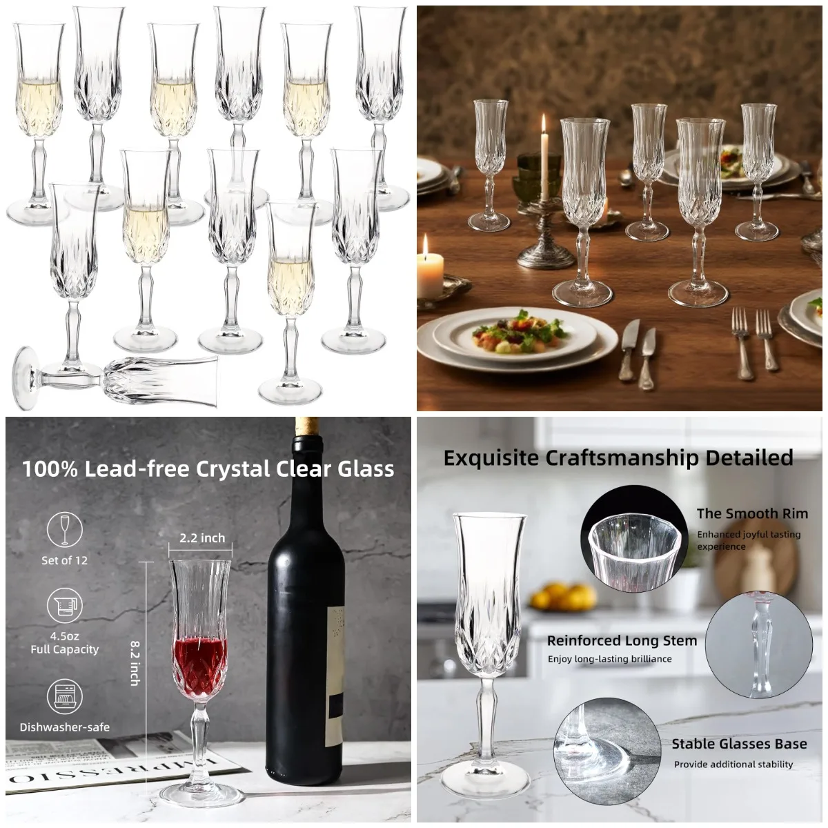 

Champagne Glasses Set of 12, 4.4Oz Premium Stemmed Vintage Glasses, Embossed Goblets for Wedding, Birthday, Anniversary