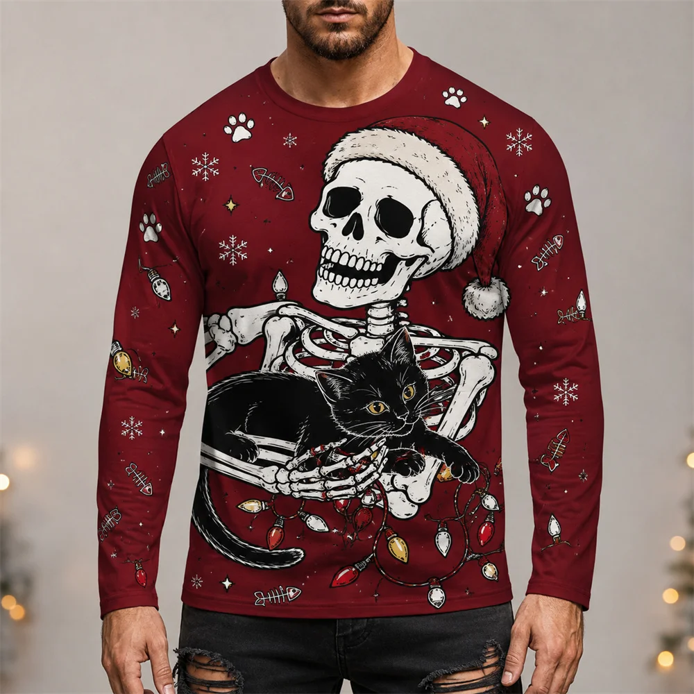 Funny Skeleton Reading And Baking Design Long Sleeve T-shirt For Men Halloween Christmas Round Neck 3D Print Streetwear New Tee