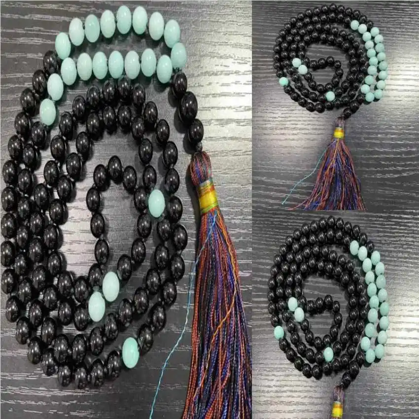 

8mm 108 Hand knot black agate blue jade tassel mala necklace Fashion Healing Teenagers Religious Chakra Hipster Prayer Trendy