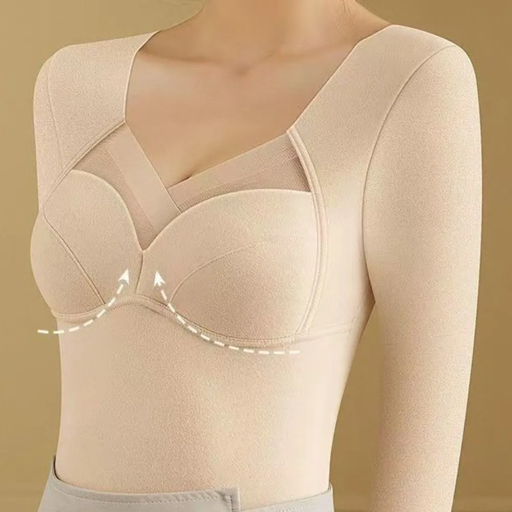 Ropa térmica para mujer con cuello en V para mantener el calor, ropa interior térmica Invisible de Color sólido, lencería, sensación de calefacción, Tops largos cálidos para mujer