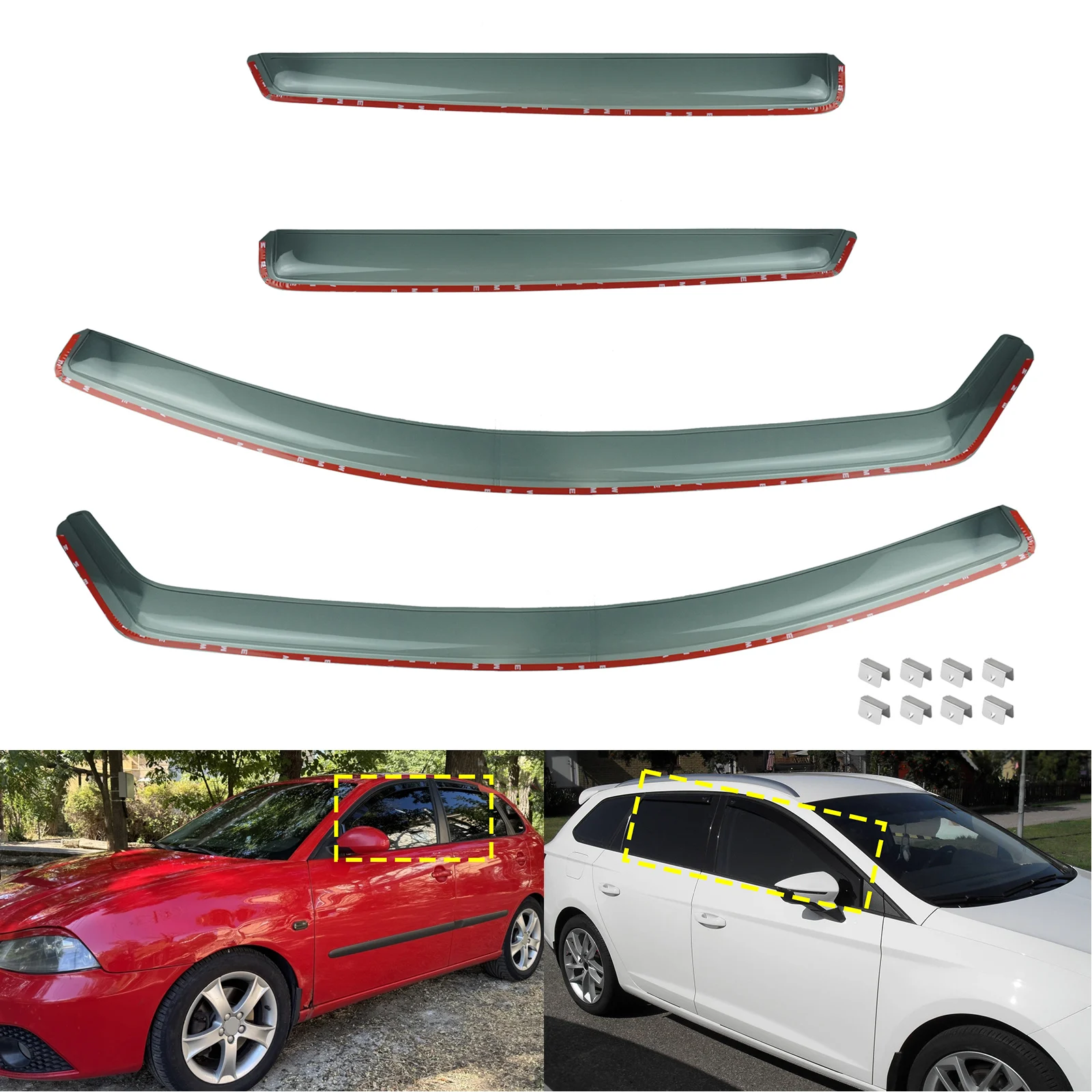 4pcs Tint Side Window Wind Rain Sun Guard Deflectors Protector Sheet Tea translucent For Seat Ibiza 6J5 Mk4 Hatchback 2008-2017