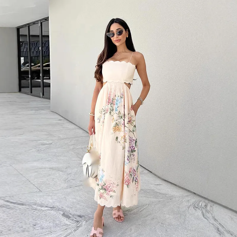 

2025 Summer New Women's Fashion Casual Sexy Sling Openwork Printed Sleeveless Backless Dress Ladies