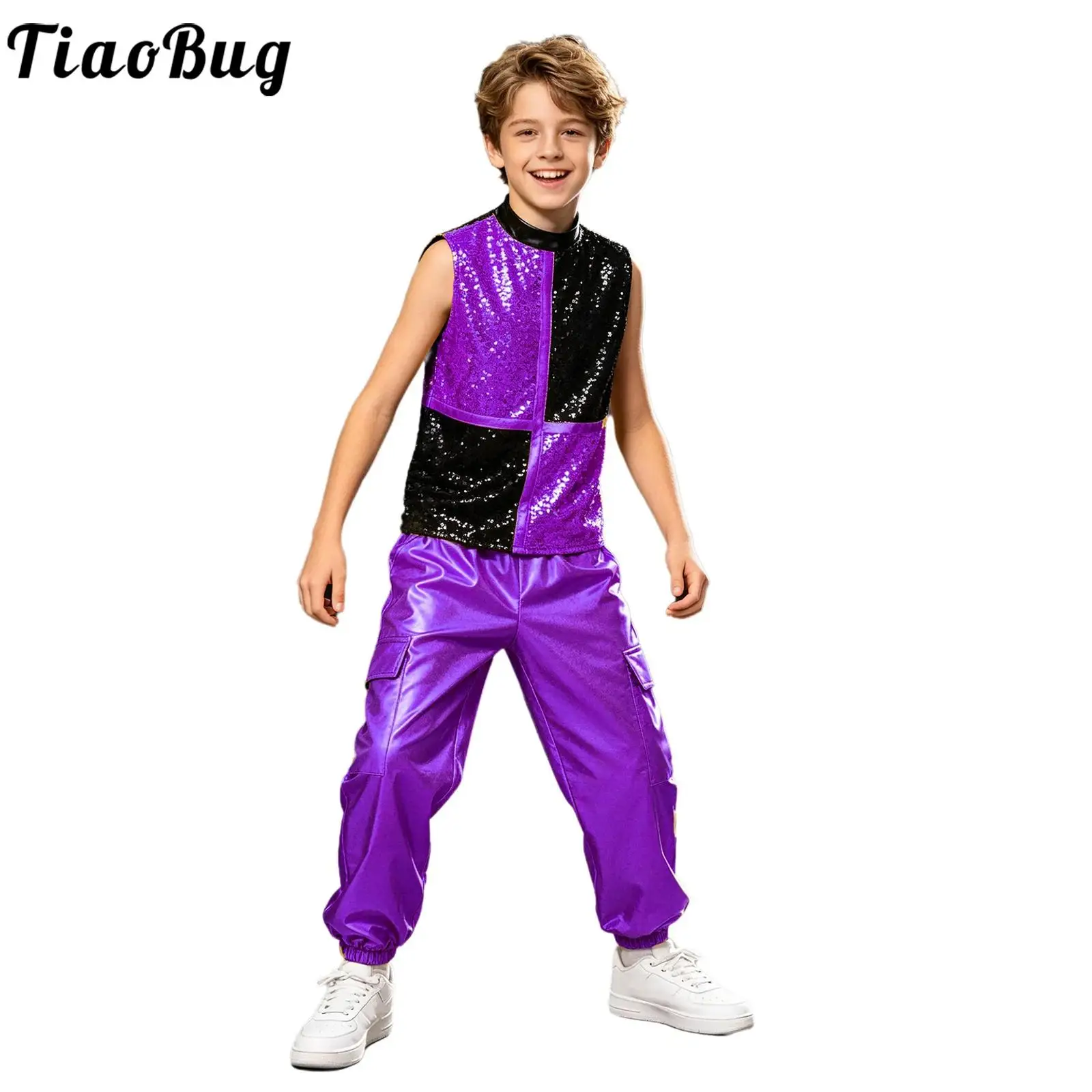 Kids Boys Rhythmic Jazz Dance Performance Costume Metallic Sleeveless Shiny Sequins Color Block Top Contemporary Latin Dance Set