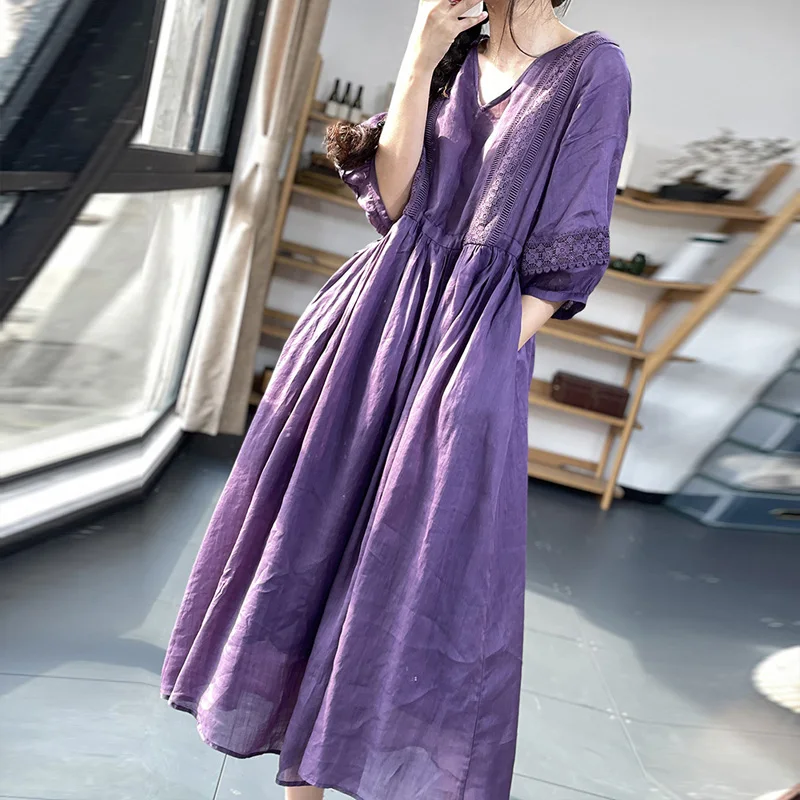 Vestido Longo de Linho Fino com Renda e Patchwork, Estilo Japonês, Manga 3/4, Solto, Sem Idade, com Saia Evasê Bordada - Cole...