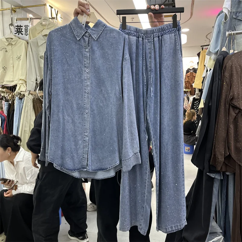 

SuperAen European and American Style Lace-up Waist Long-sleeved Denim Shirt Women Oversize Wide-leg Pants Two-piece Set