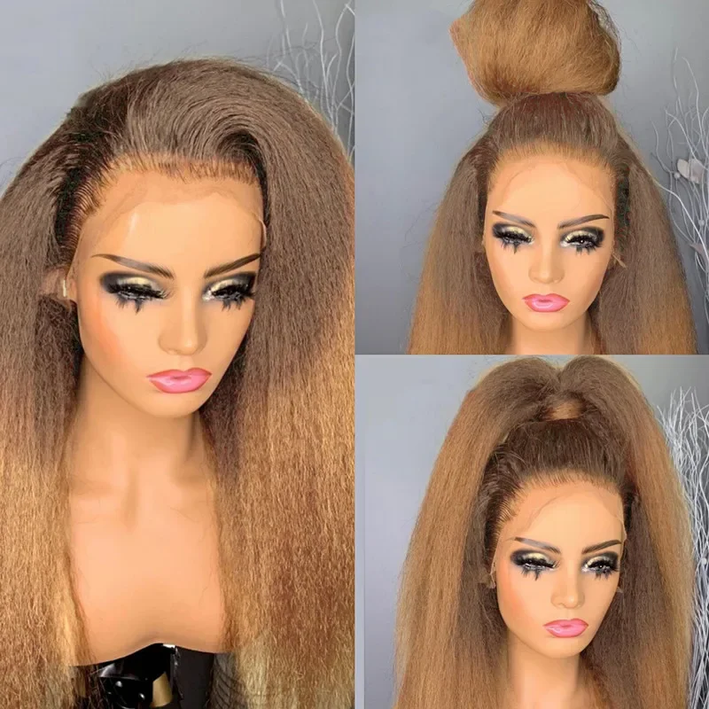 24Inch Natural ombre brown Soft Long Glueless Kinky Straight Yaki 13x4 Lace Front Wig For Women With Baby Hair Preplucked Daily