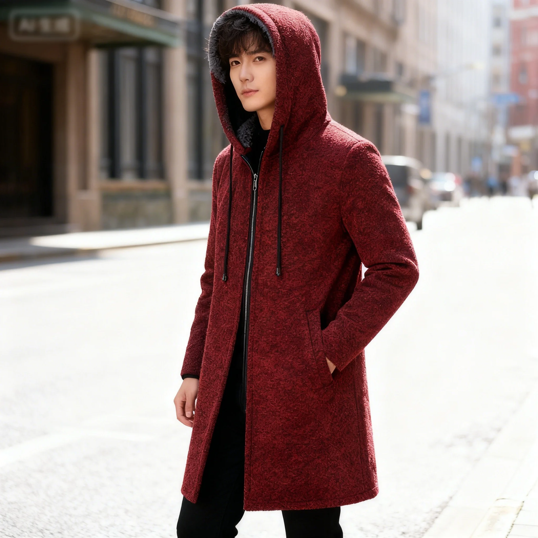 

Осенне-зимний мужской кардиган на молнии с капюшоном, свитер, пальто, теплый кардиган средней длины, повседневный однотонный вязаный свитер