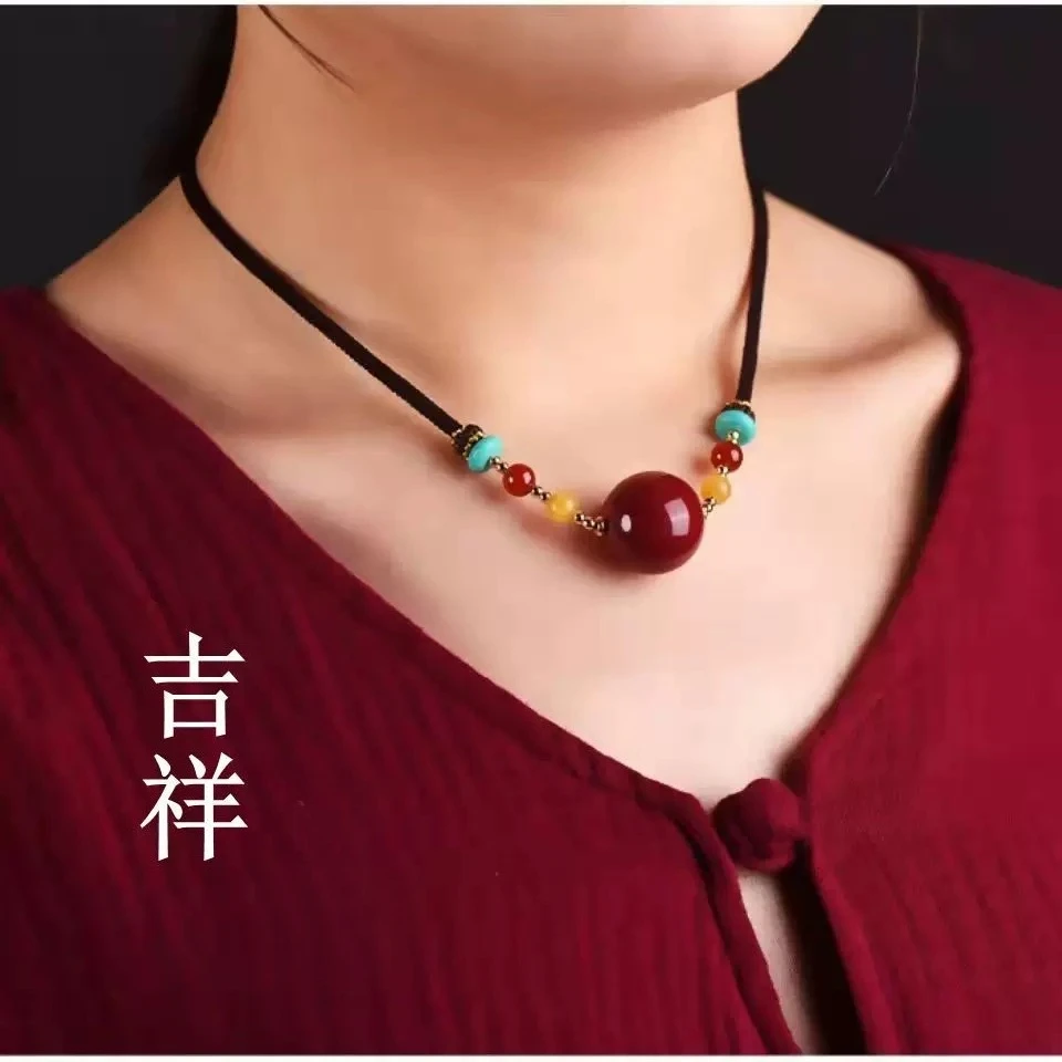 Natural Cinnabar Pendant Female Agate Transfer Bead Collarbone Chain Pendant