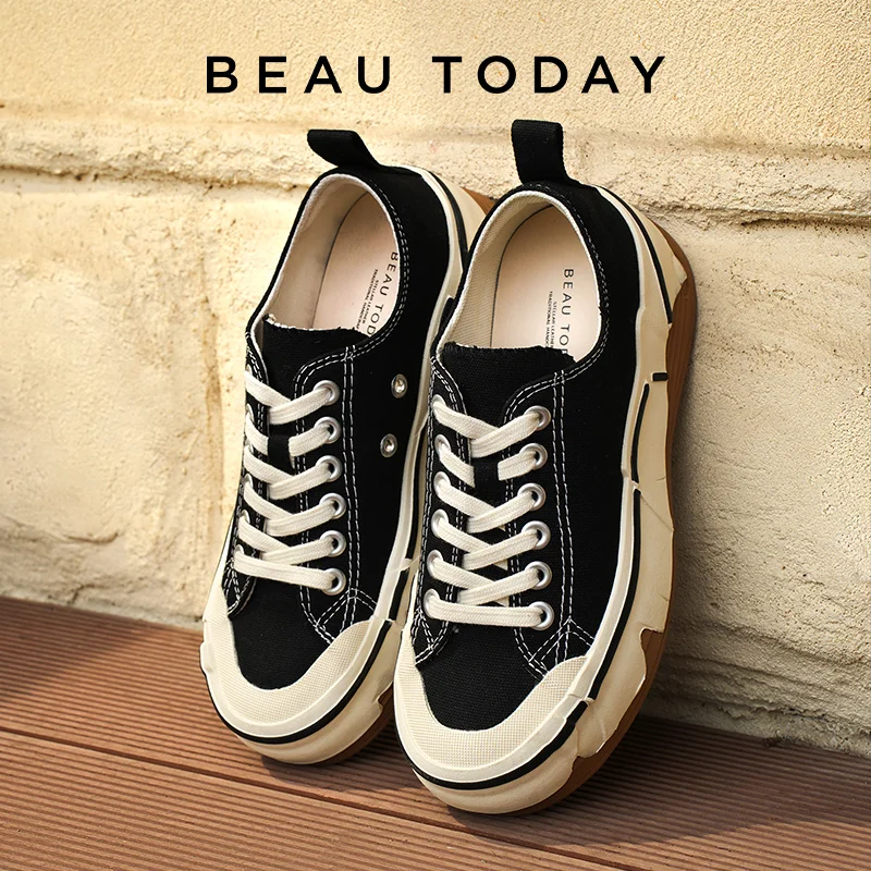 

BEAUTODAY Canvas Sneakers Women Round Toe Lace-up Vulcanized Shoes Irregular Sole Ladies Casual Flats Handmade A29235