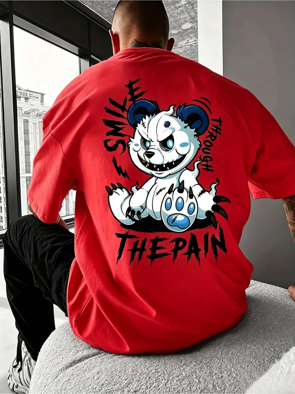 New American Summer Men's Angry Bear Letter Printed Comfortable and Breathable Round Neck T-shirt Outdoor Casual Top