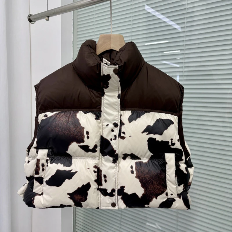 

Autumn Winter Print Leopard Stand Collar Down Vest Women White Duck Down Sleeveless Warm Vests Female Thicken Waistcoat Outwears
