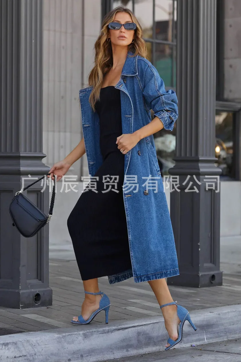 Women Trench Single Breasted Turn Down Washing Denim Coats Pockets Solid Jackets Loose Fit Button Spring 2024 High Street