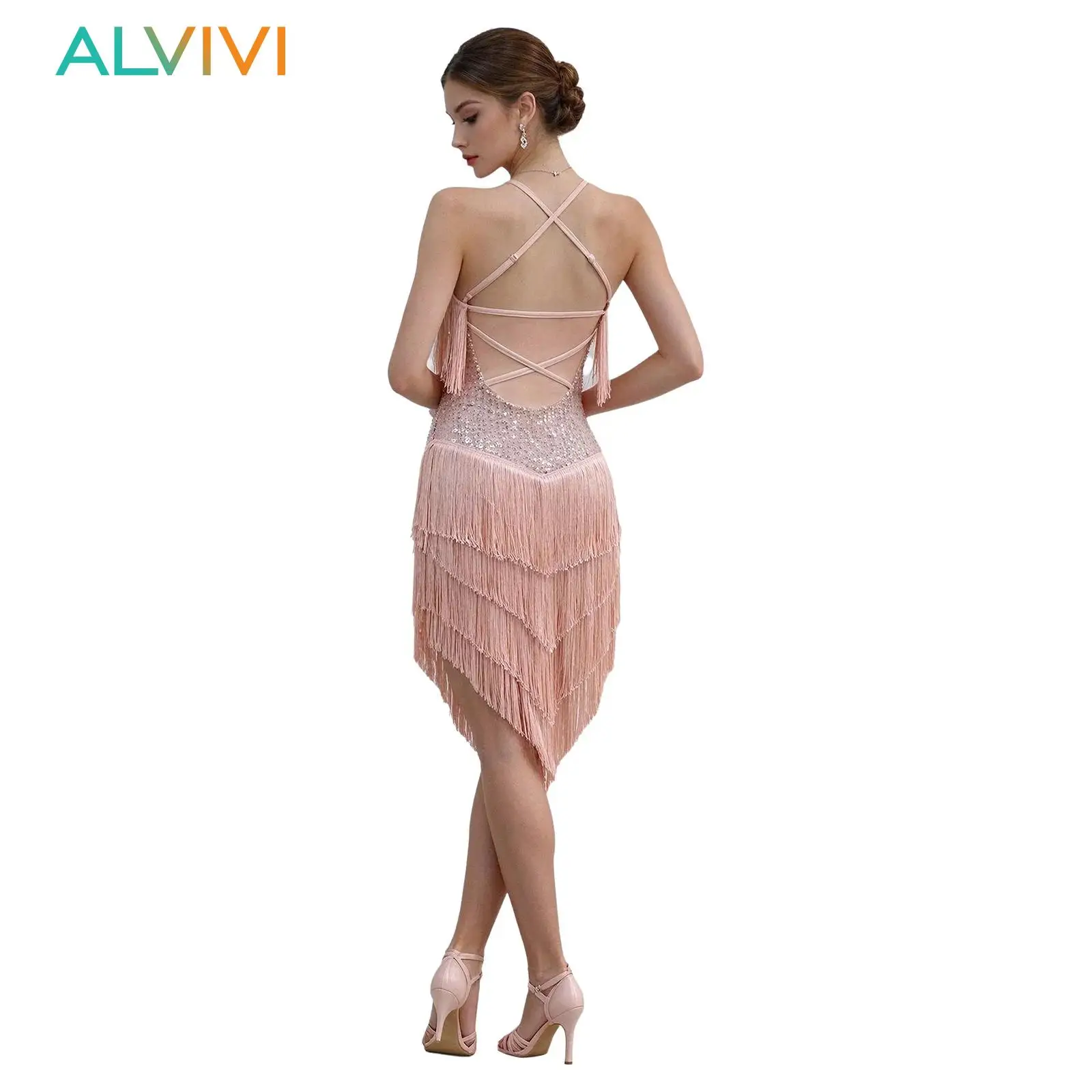 Ladies Halter V-neck Sequined Fringe Latin Dance Dress Irregular Tassel Salsa Rumba Ballroom Dancing Party Performance Outfit
