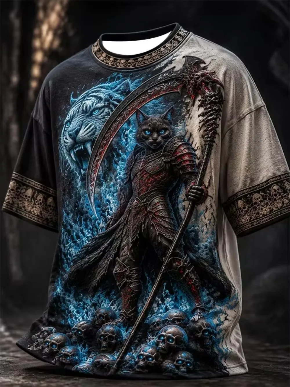 Dark Fantasy Cat Warrior 3D Printed Casual Street Punk Outdoor Sport Fitness Men Plus-size T-shirt Large Size parent-child Cloth
